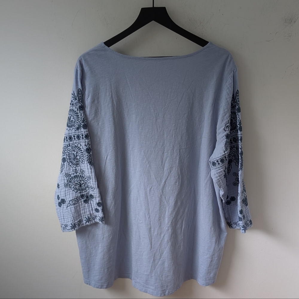 Soft Surroundings Women's Blue Boho Embroidered Split Neck Blouse 3/4 Sleeve 3X - Picture 4 of 7